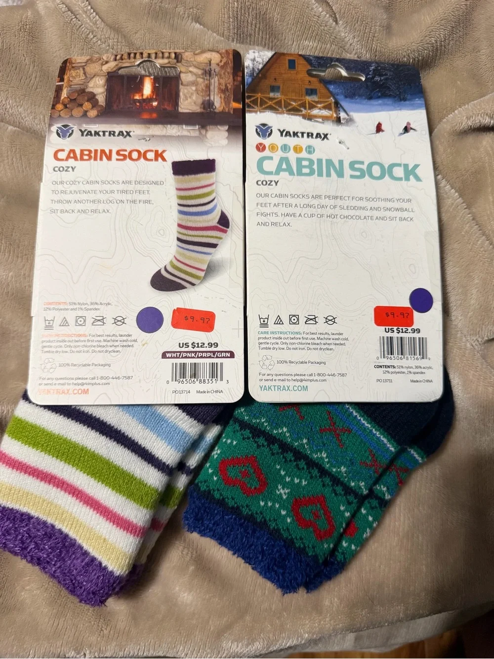 Yaktrax Kids Cabin Socks - Navy Green Pattern & Multicolor Stripes